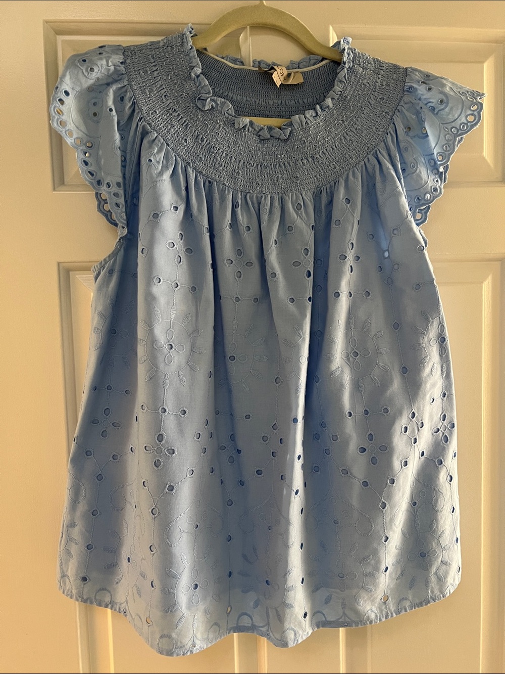 LOFT Light Blue Eyelet Smocked Yoke Flutter Sleeve Blouse